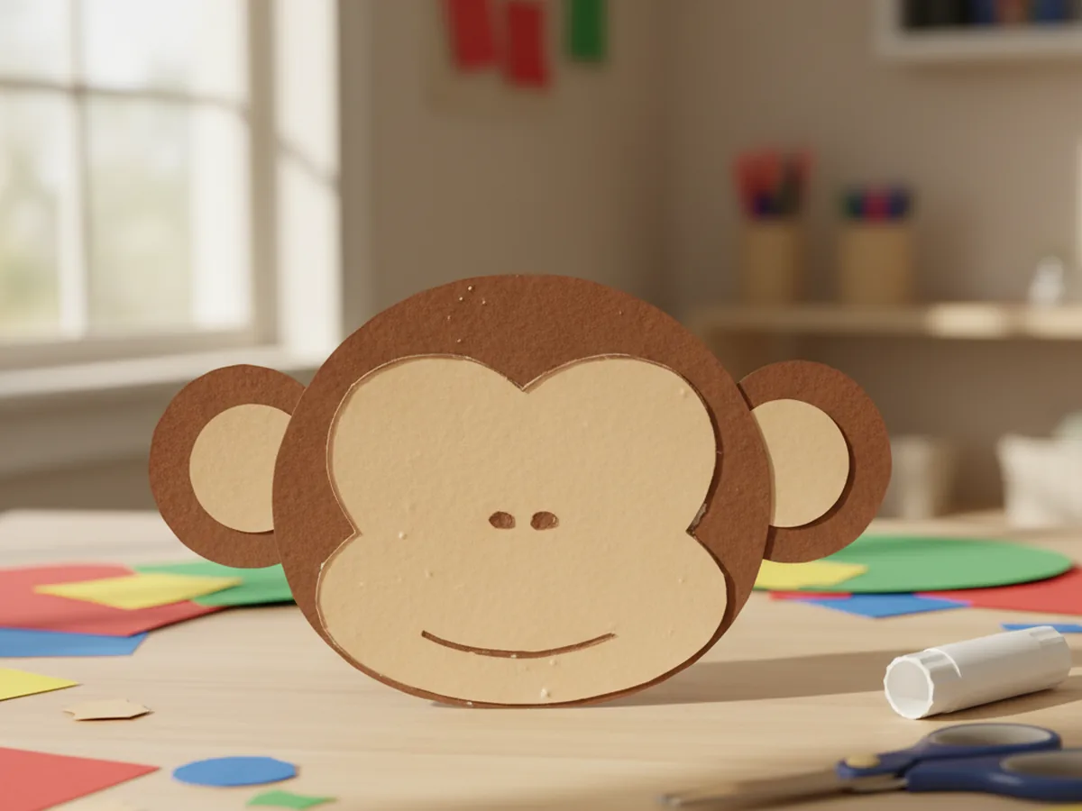 A tan peanut-shaped face and small tan inner ear circles glued onto the brown paper monkey head on a craft table