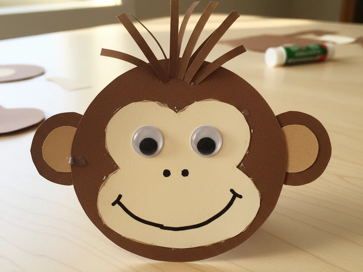 Completed paper craft monkey with brown ears, tan face, googly eyes, a wide smile, and a curled paper hair tuft on a white craft table