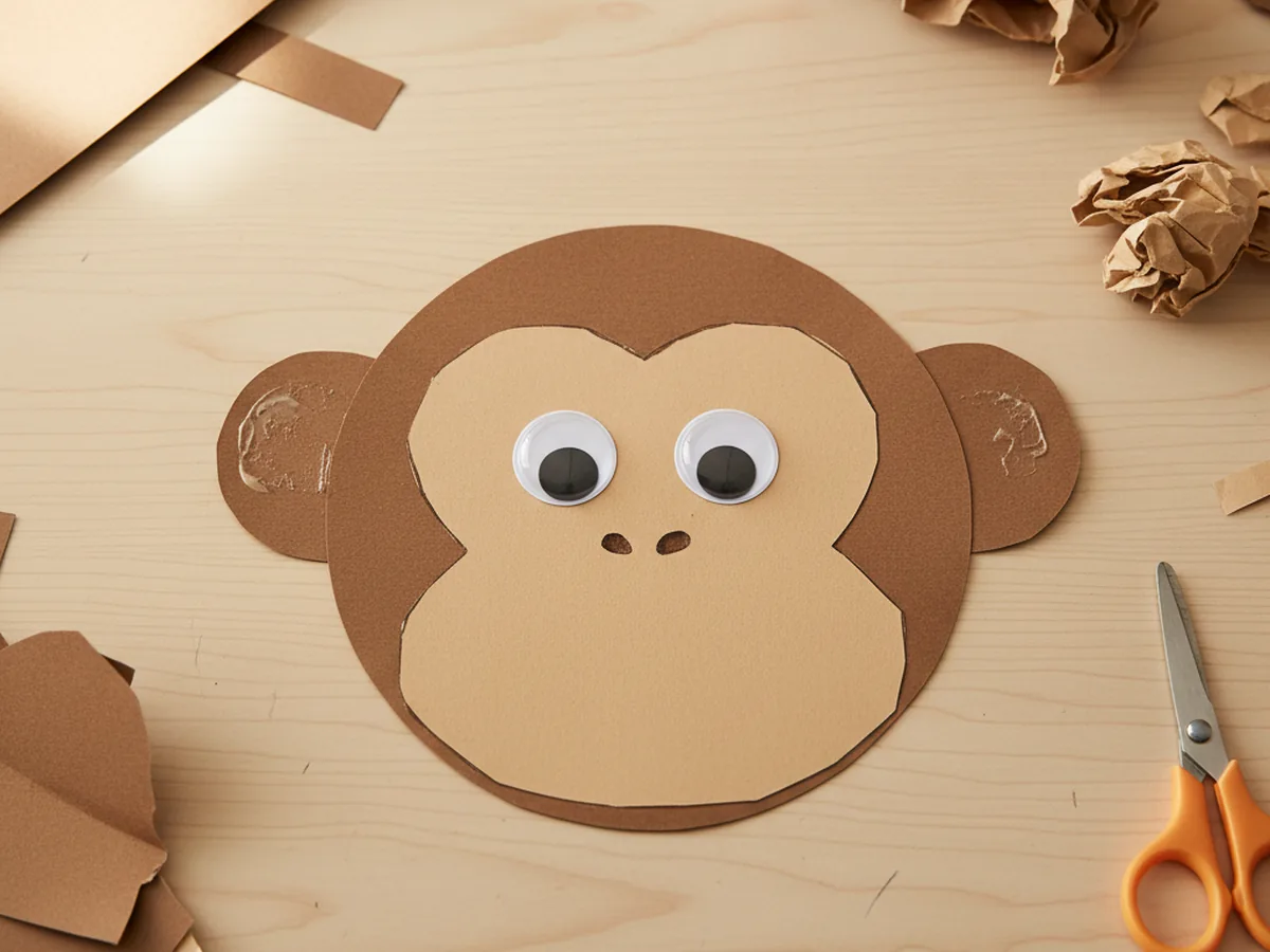 Two googly eyes pressed onto the top of the tan face area of the brown paper monkey, with ears and inner ears already in place