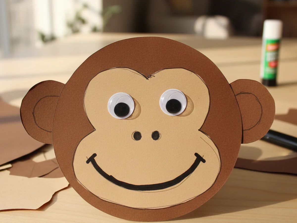 Two black marker nostril dots and a wide curved smile drawn on the tan face of the paper monkey craft