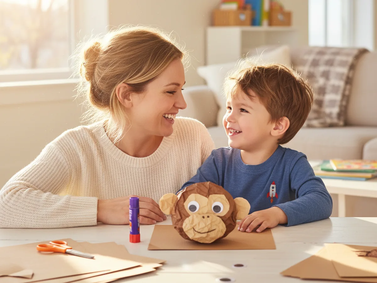 A mom and young child sitting together at a craft table, smiling and ready to make a paper craft monkey with brown construction paper