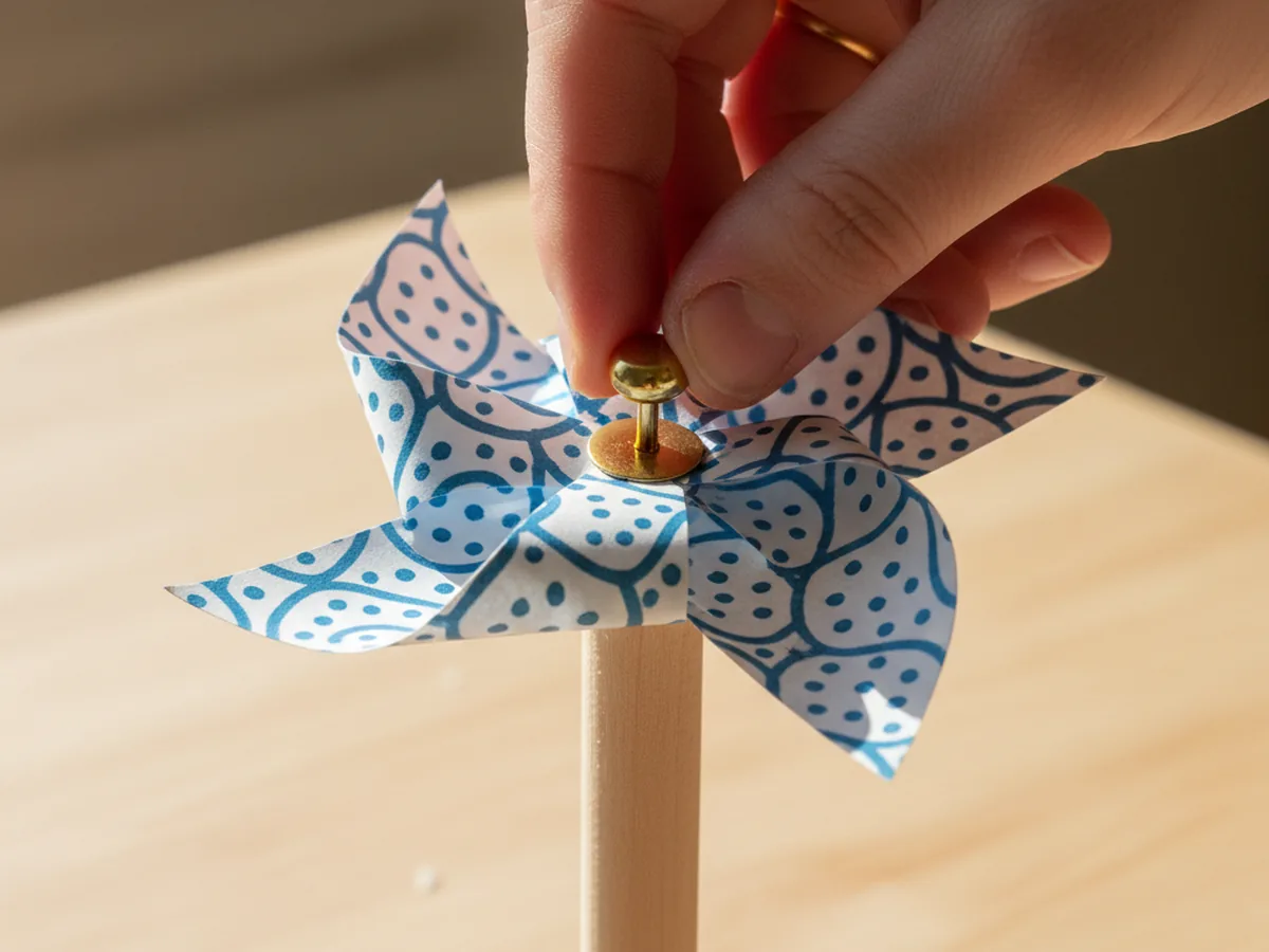 A gold brad fastener pushed through the four folded tips of a paper craft pinwheel and into the top of a wooden dowel held by a parent's hand