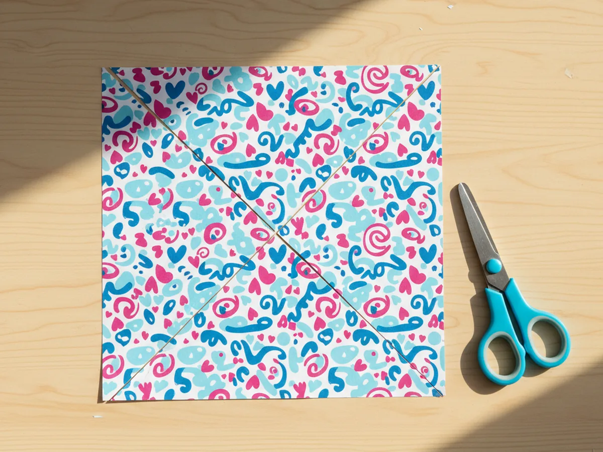 A patterned paper square with four diagonal cuts made from each corner toward the center stopping about one inch from the middle ready for a paper craft pinwheel
