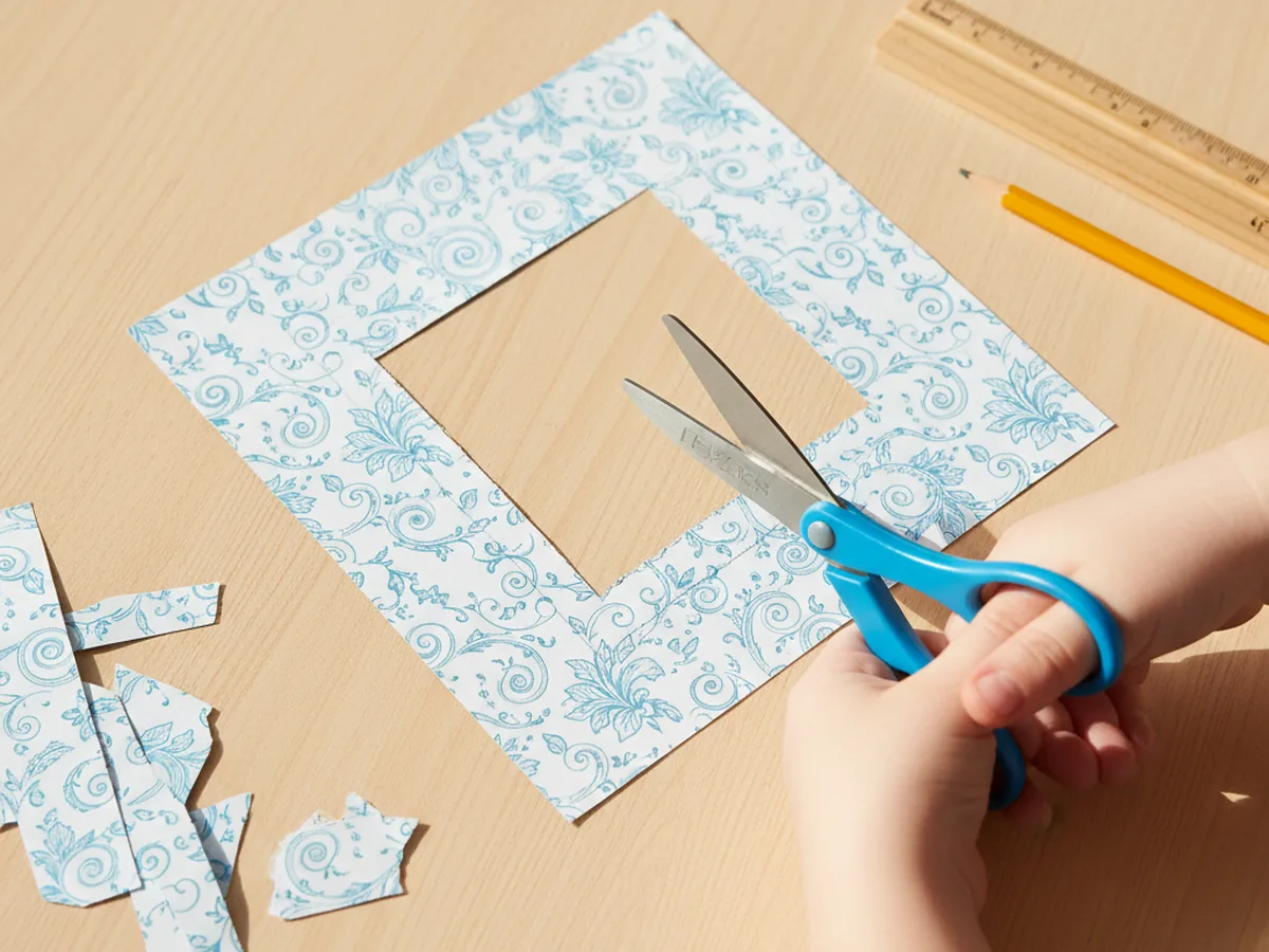 A child's hands cutting a six-inch square from patterned blue and white scrapbook paper with kid-friendly scissors on a craft table