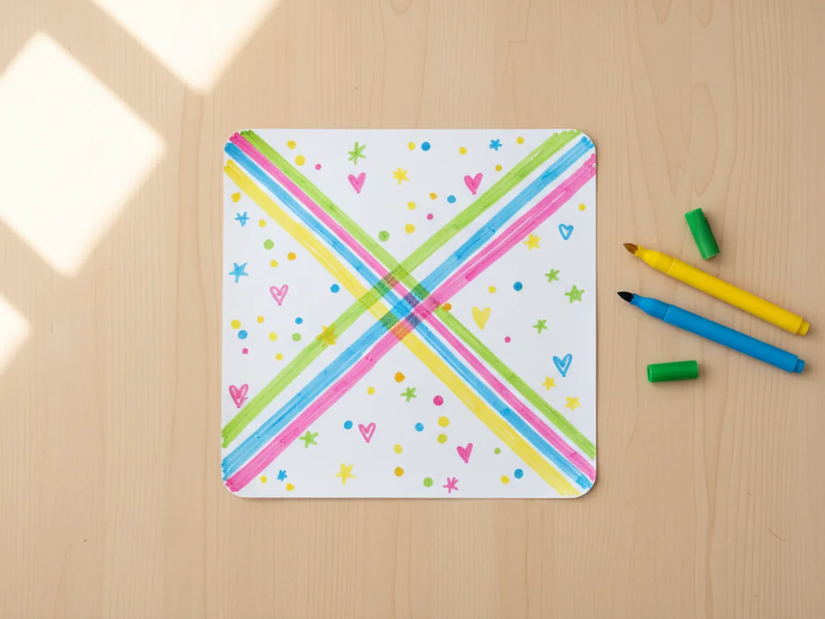 A six-inch paper square decorated by a child with colorful marker stripes, dots, and tiny hearts on both sides ready to become a paper craft pinwheel