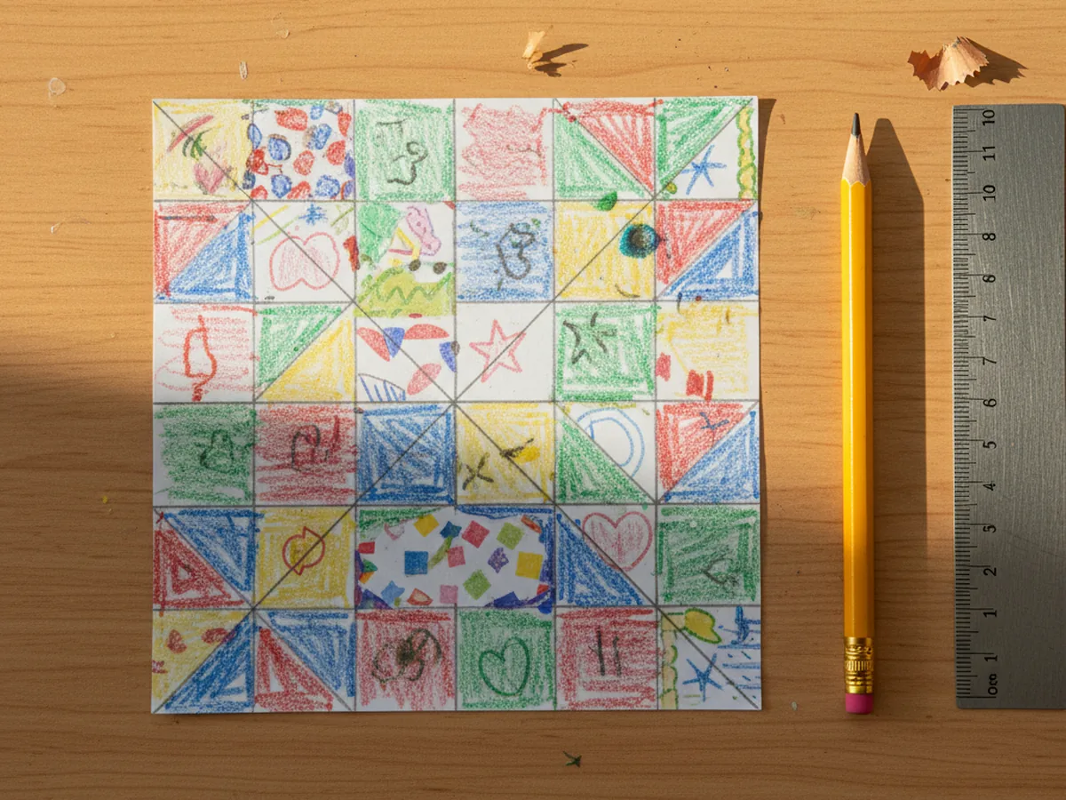 A decorated paper square laid flat with two pencil diagonal lines drawn from corner to corner forming an X across the back of the paper