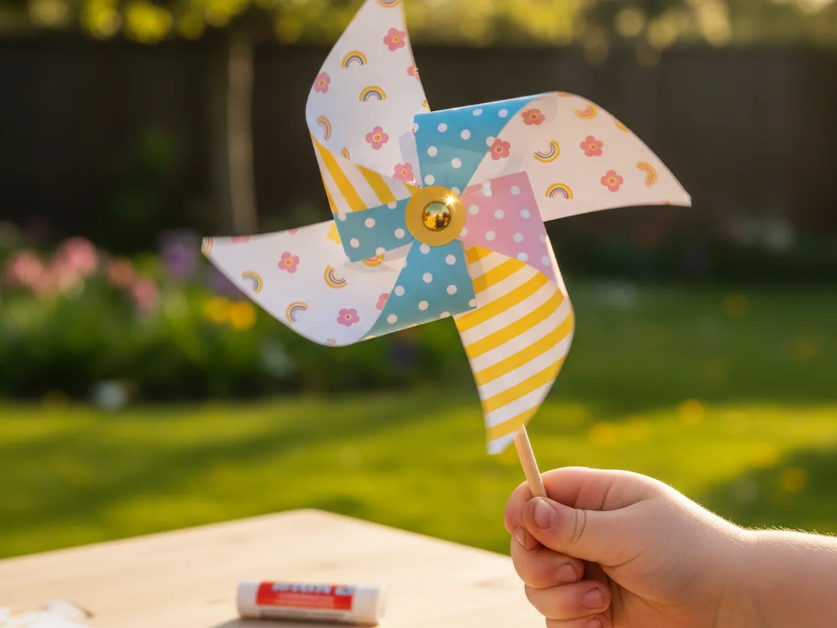 A finished colorful paper craft pinwheel mounted on a wooden dowel with a gold brad fastener at the center spinning in the breeze outdoors against a soft green garden background