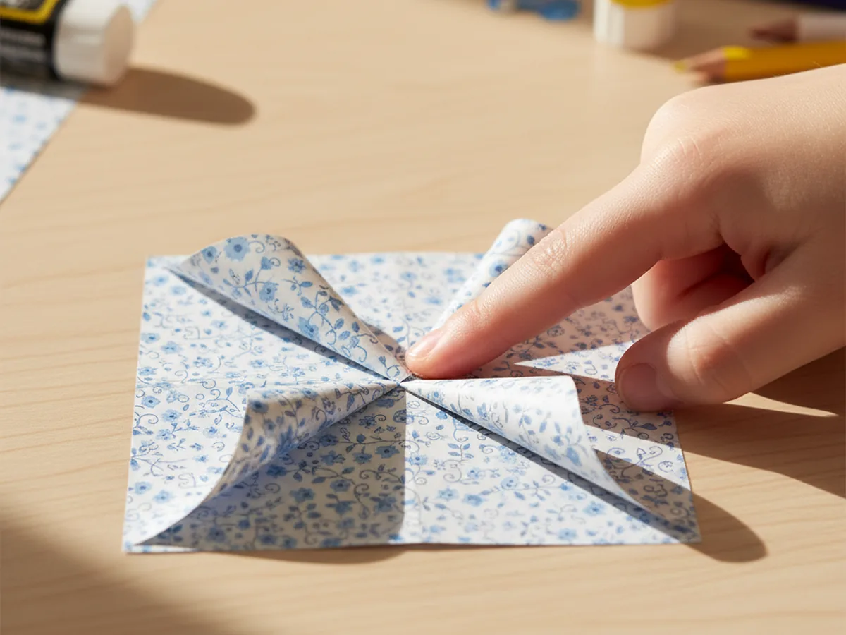 Four corners of a patterned paper square gently folded into the center forming the four curved petals of a paper craft pinwheel held in place by a child's finger