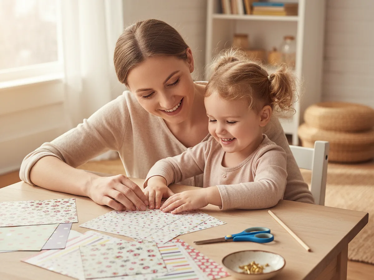 A mom and a young child sitting together at a craft table with colorful patterned paper, scissors, a wooden dowel, and gold paper fastener brads ready to make a paper craft pinwheel