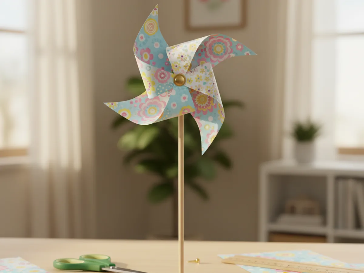 Finished colorful paper craft pinwheel with four folded points pinned by a gold brad to a wooden dowel, sitting on a craft table next to scissors and patterned paper scraps