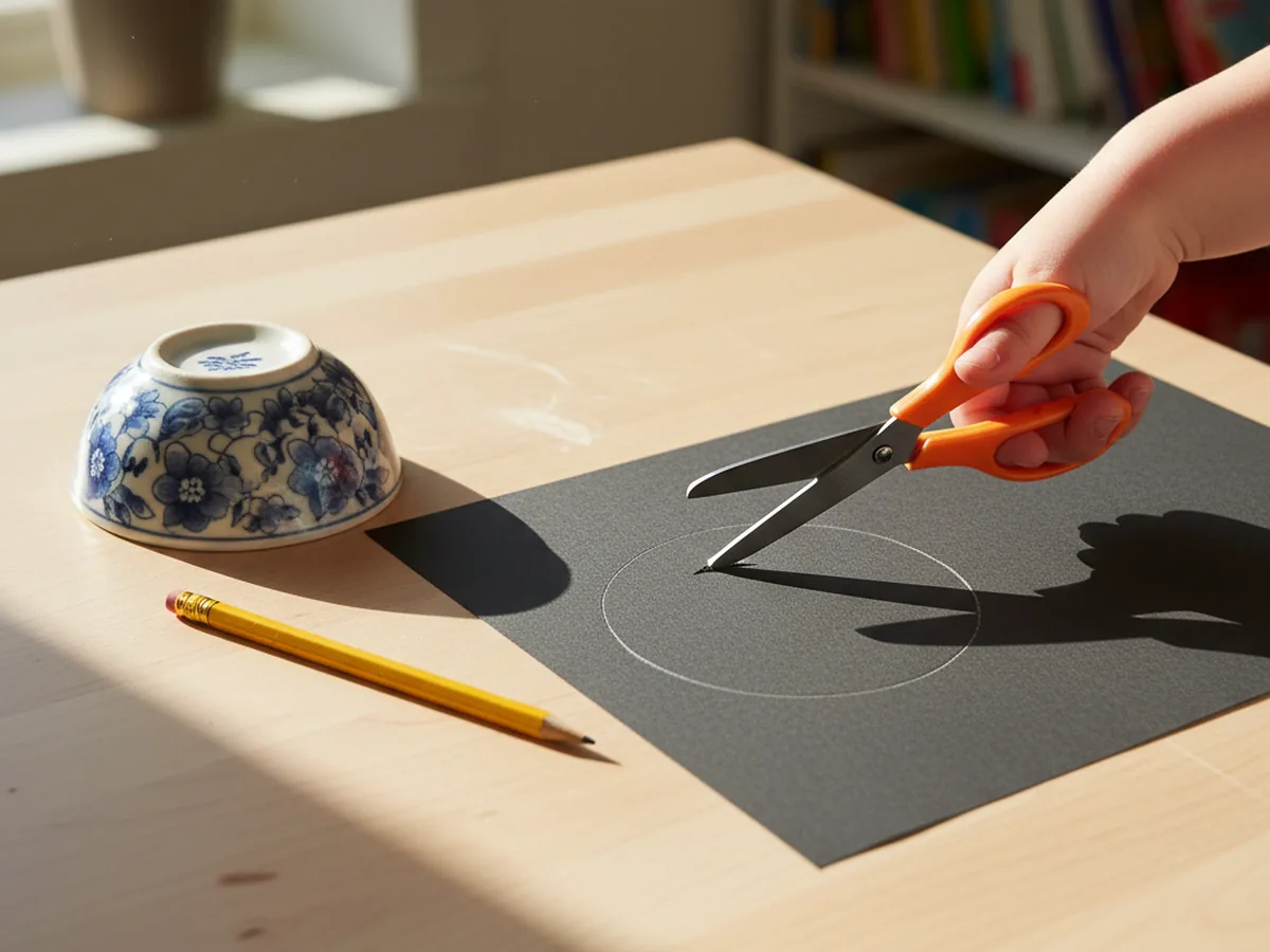 A child's hands cutting a round black paper circle along a pencil line for the spider body