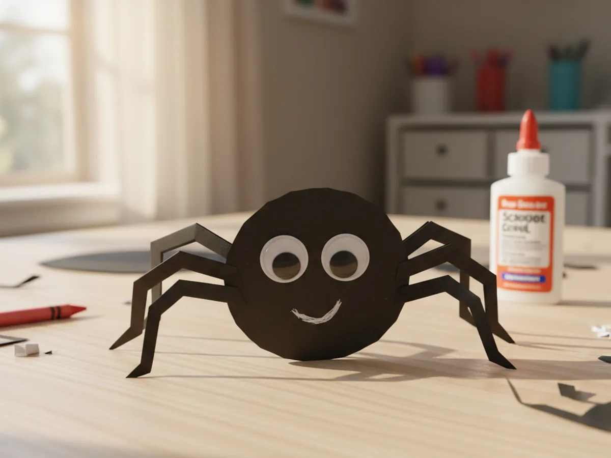 Finished cute paper craft spider with two googly eyes and a white crayon smile, eight accordion-folded legs sticking out around the body