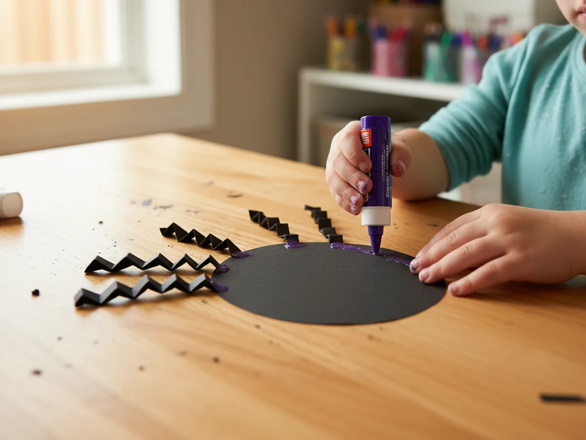 A child gluing accordion-folded black paper legs onto the back of a round paper spider body