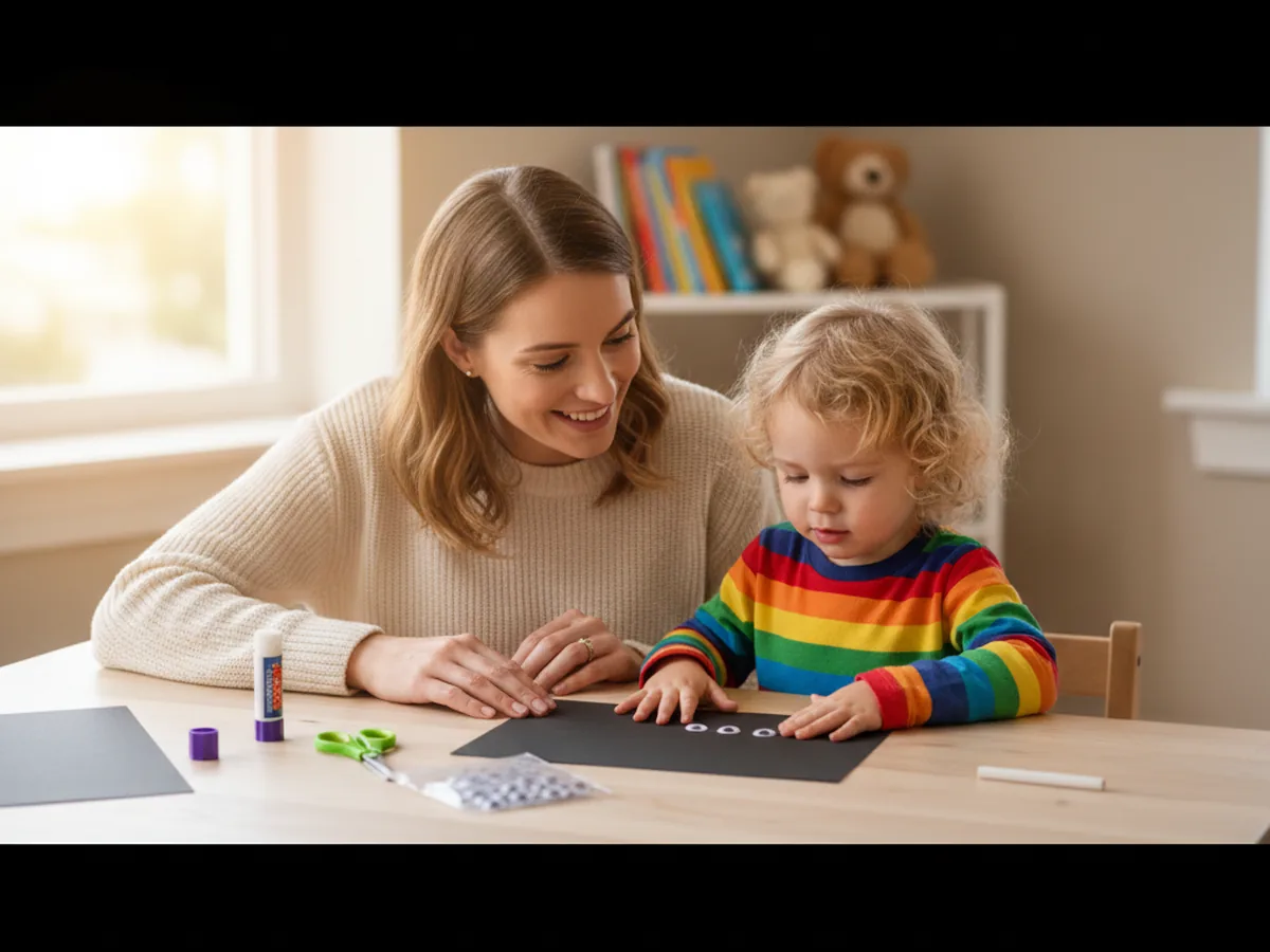 A mom and young child sitting at a craft table with black paper, scissors, and googly eyes, ready to make a paper craft spider together