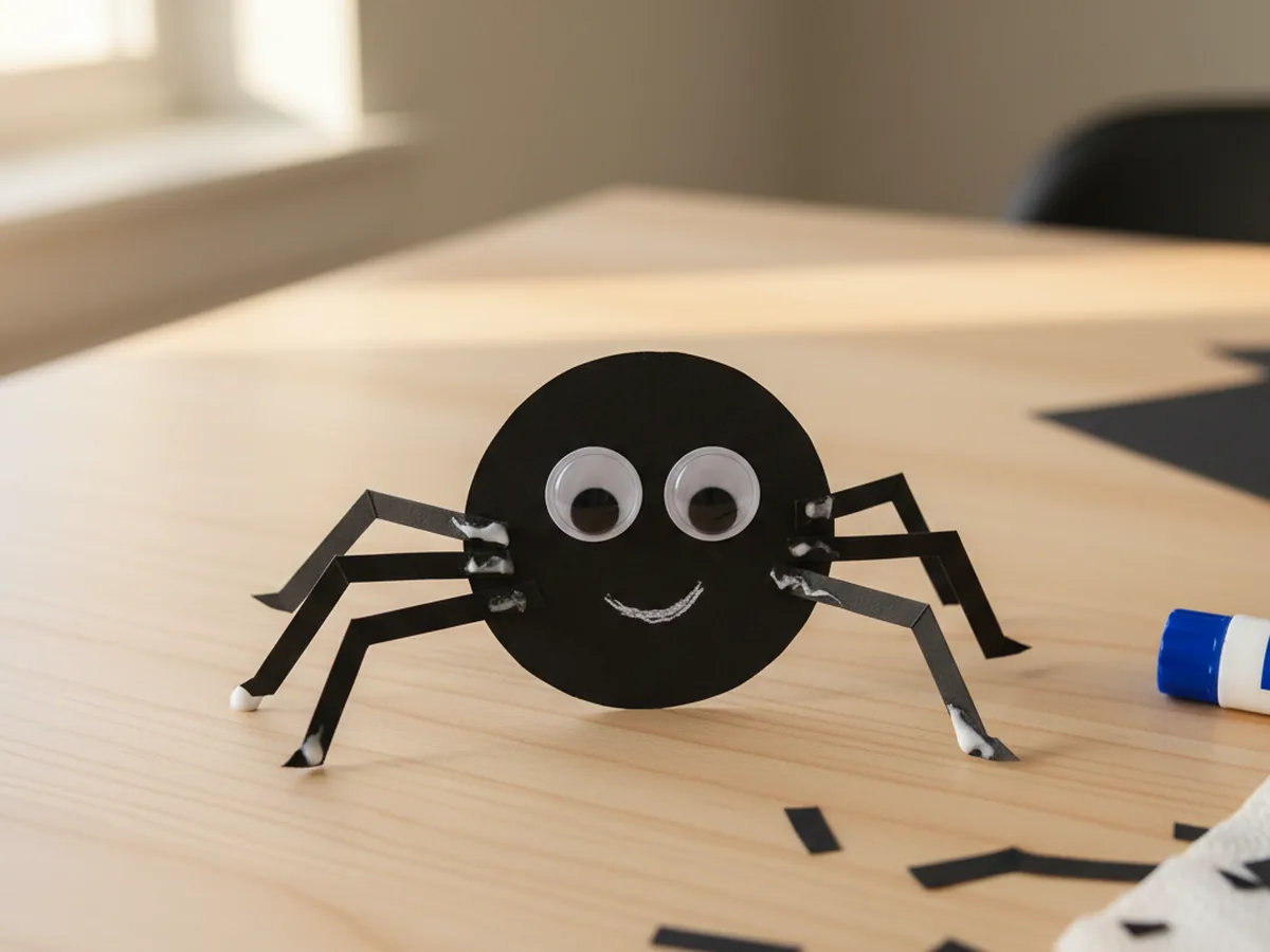Cute black paper craft spider with googly eyes and accordion-folded legs on a craft table