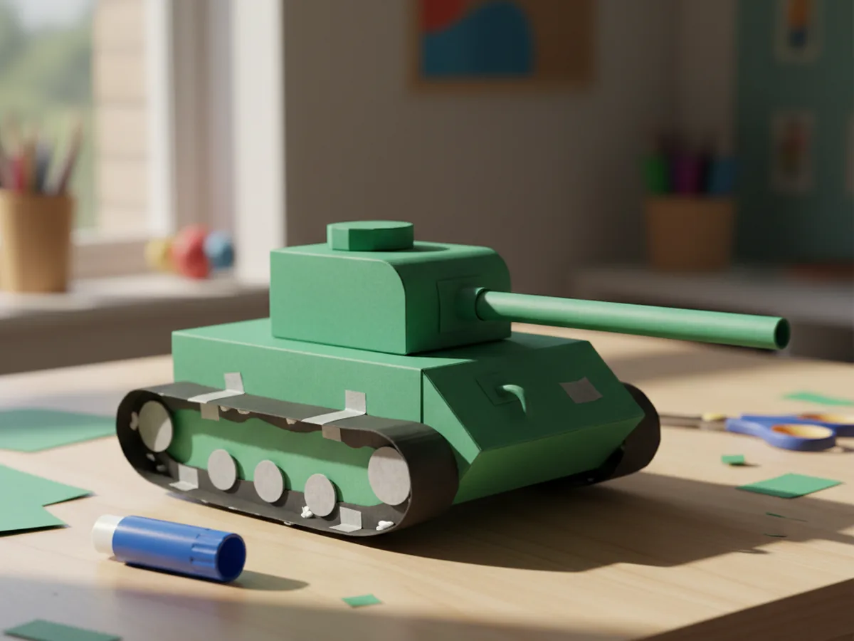 Green paper craft tank with the small green turret glued on top of the body and a long green barrel attached to the front of the turret pointing right