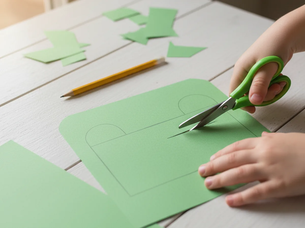 A child cutting out a wide green rectangle with softly rounded top corners from construction paper for a paper craft tank body