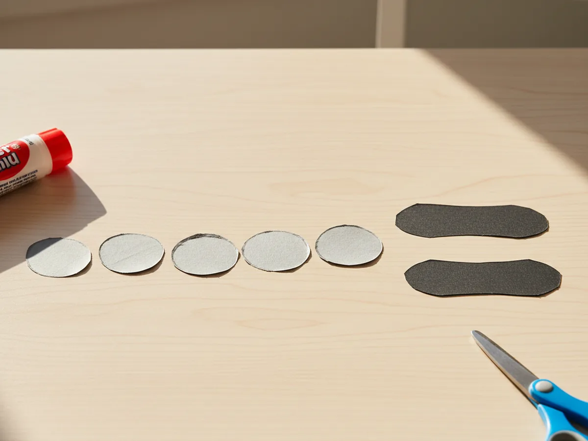Six small grey paper wheel circles arranged next to two long black paper treads for a paper craft tank