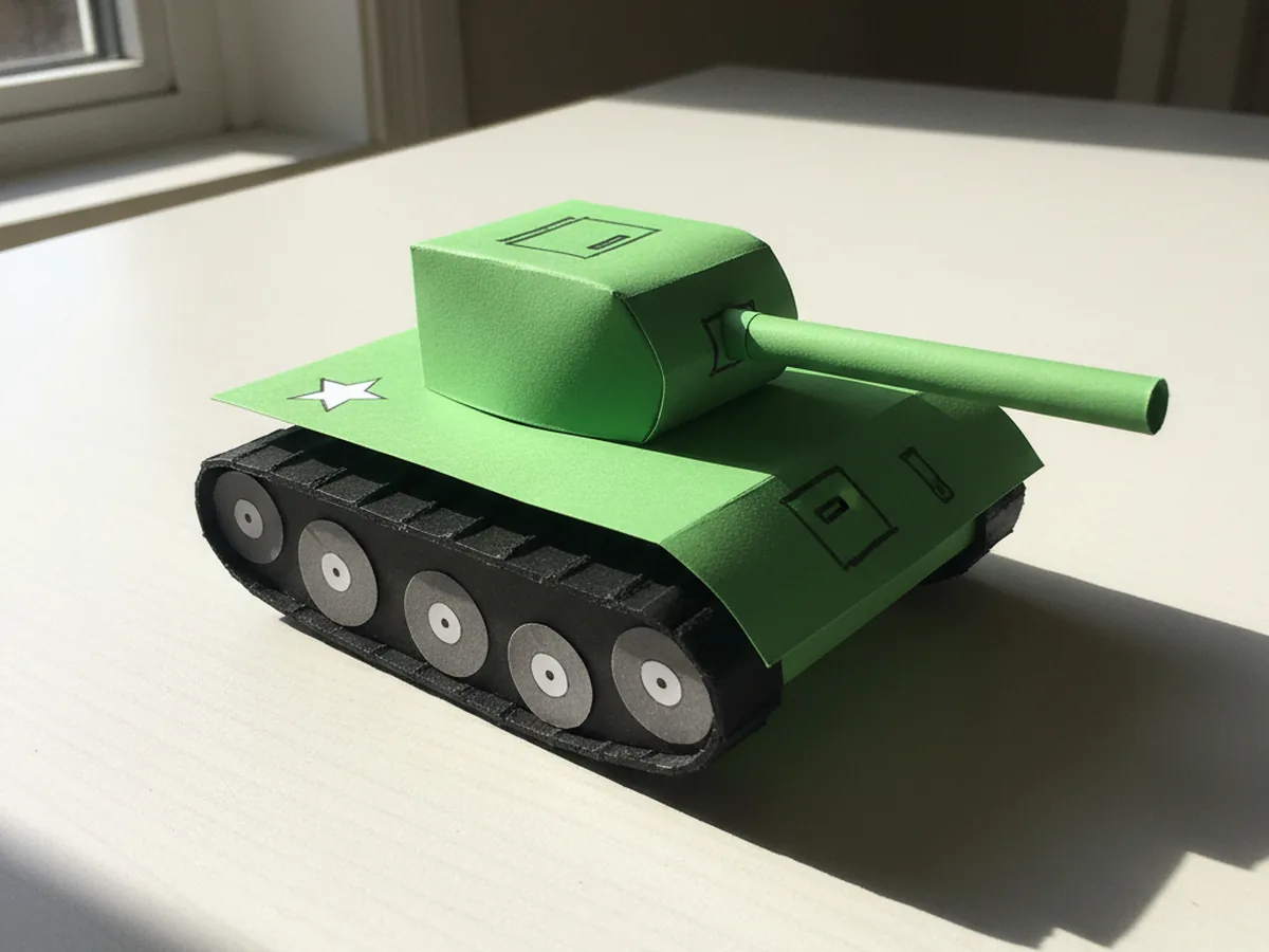 A finished green paper craft tank with black treads, small grey wheels, a rounded turret with a square hatch drawn on top, a long barrel, and a small white star on the side