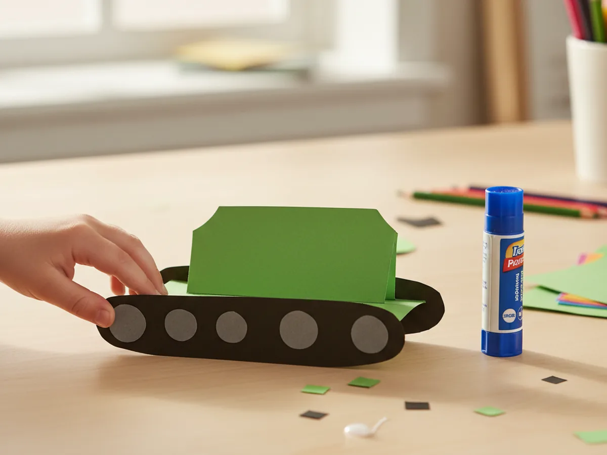 Green tank body with two long black paper treads glued underneath and three small grey wheel circles lined up along the front tread