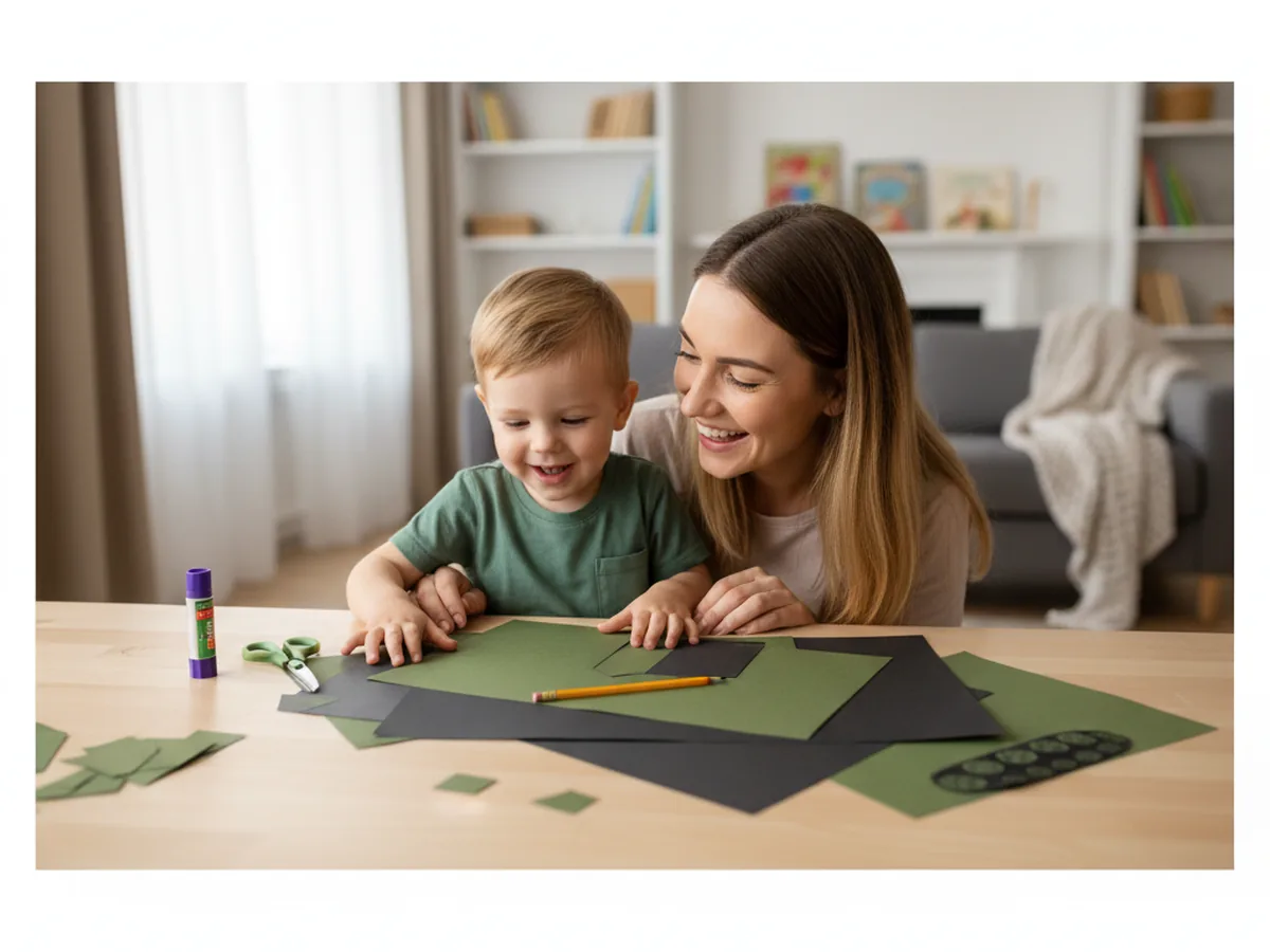 A mom and young child sitting together at a craft table with green, black, and grey construction paper, scissors, and a glue stick preparing a paper craft tank