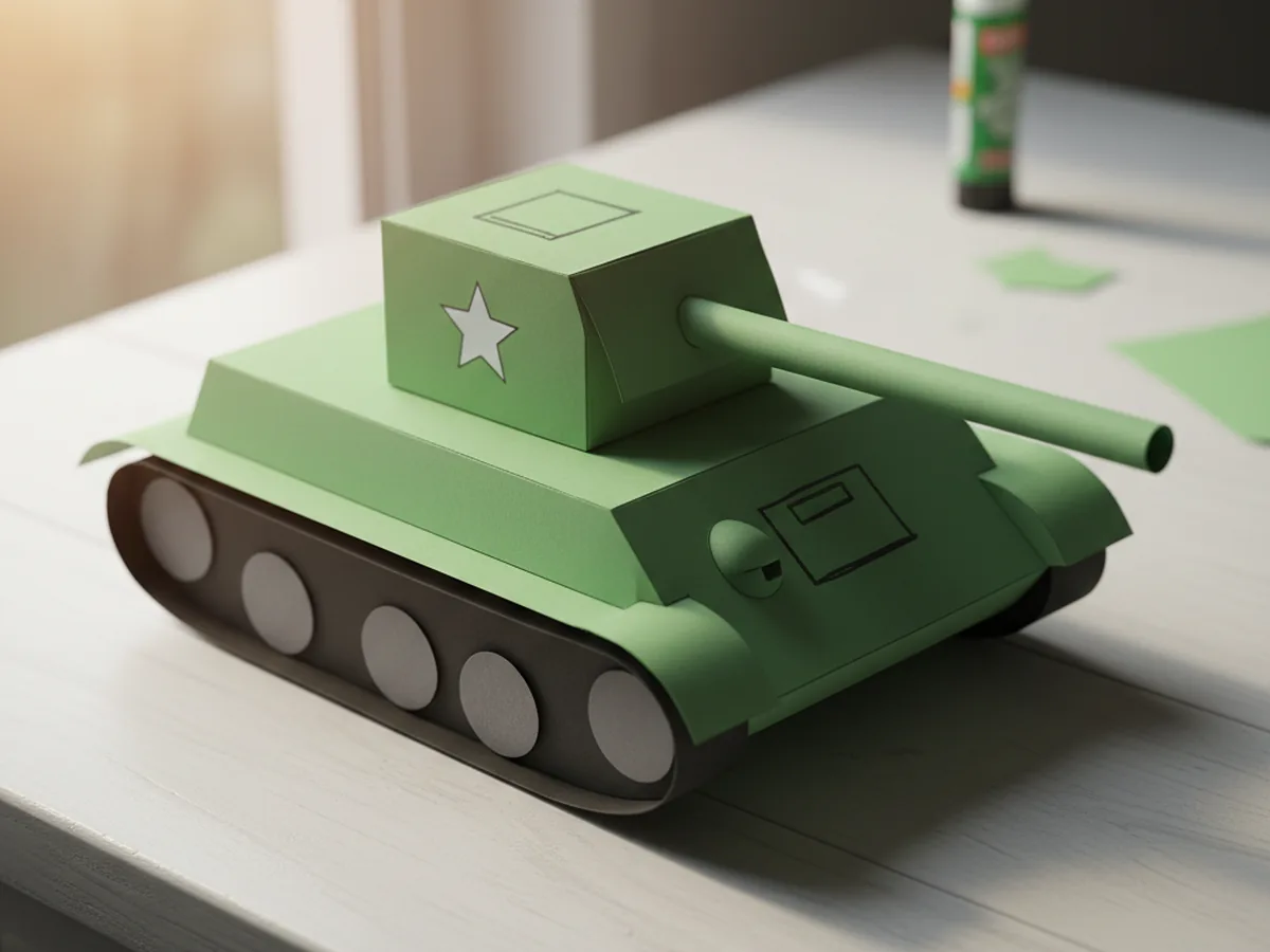 Finished handmade green paper craft tank with black treads, small grey wheels, a rounded turret, a long barrel, and a small white star on the side, lying on a craft table