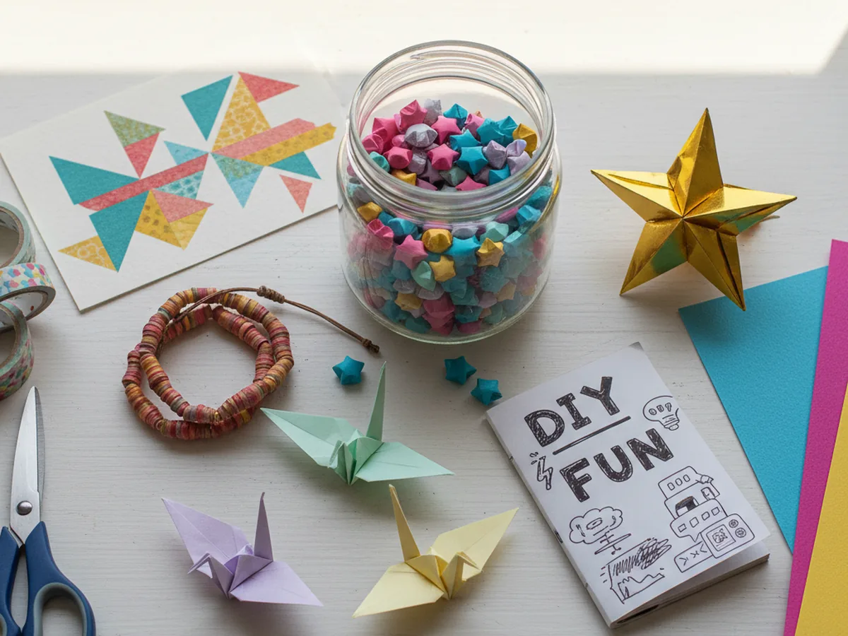 A flat lay of colorful handmade paper crafts for teens including origami cranes, quilling art, washi tape designs, and paper bead jewelry on a craft table