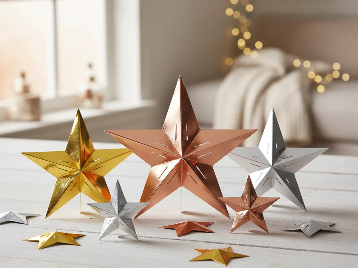 Several handmade 3D paper stars made from interlocking gold and silver cardstock star shapes in different sizes arranged on a wooden surface