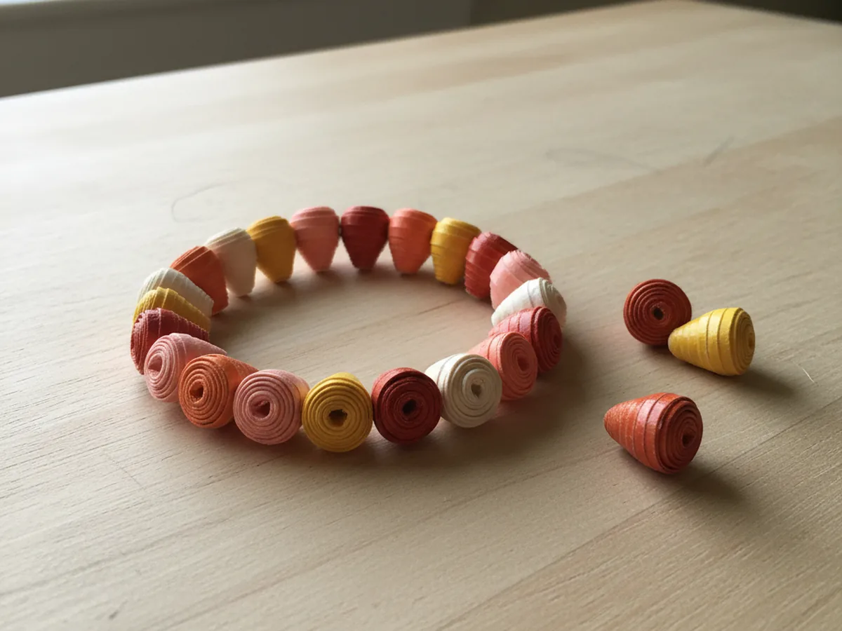 A handmade paper bead bracelet made from rolled colorful paper strips in warm tones strung on elastic cord laid on a white surface