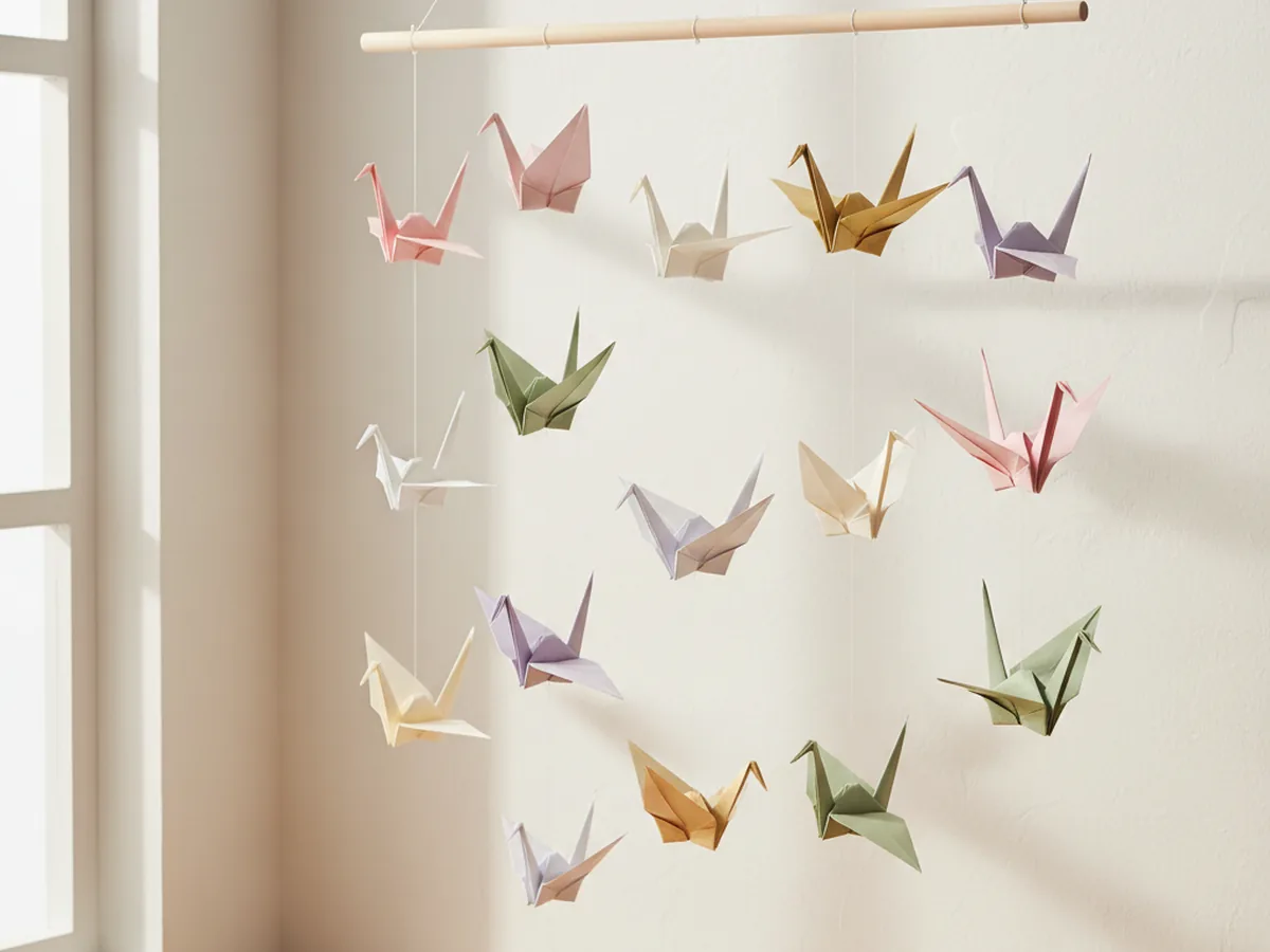 A handmade origami crane mobile with colorful paper cranes in pink, purple, white, and gold hanging at different heights from a wooden dowel
