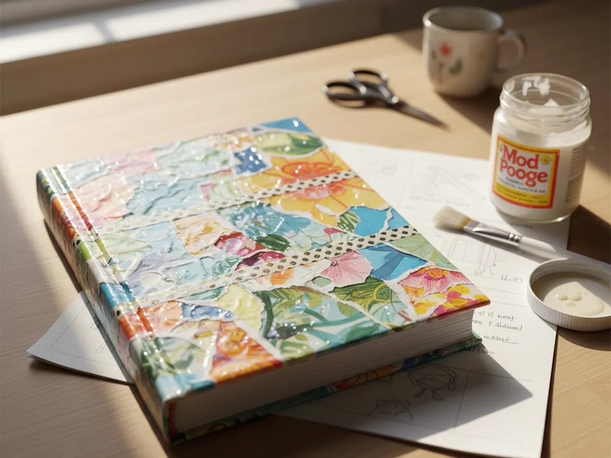 A hardcover journal with a decoupage cover made from colorful torn paper pieces and magazine clippings sealed with a glossy Mod Podge finish
