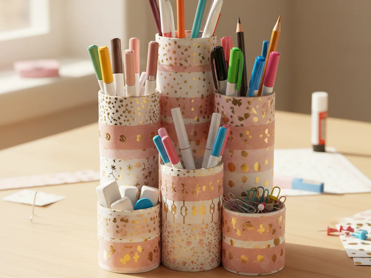 A handmade desk organizer made from paper rolls wrapped in colorful washi tape and patterned paper glued together and filled with pens and pencils