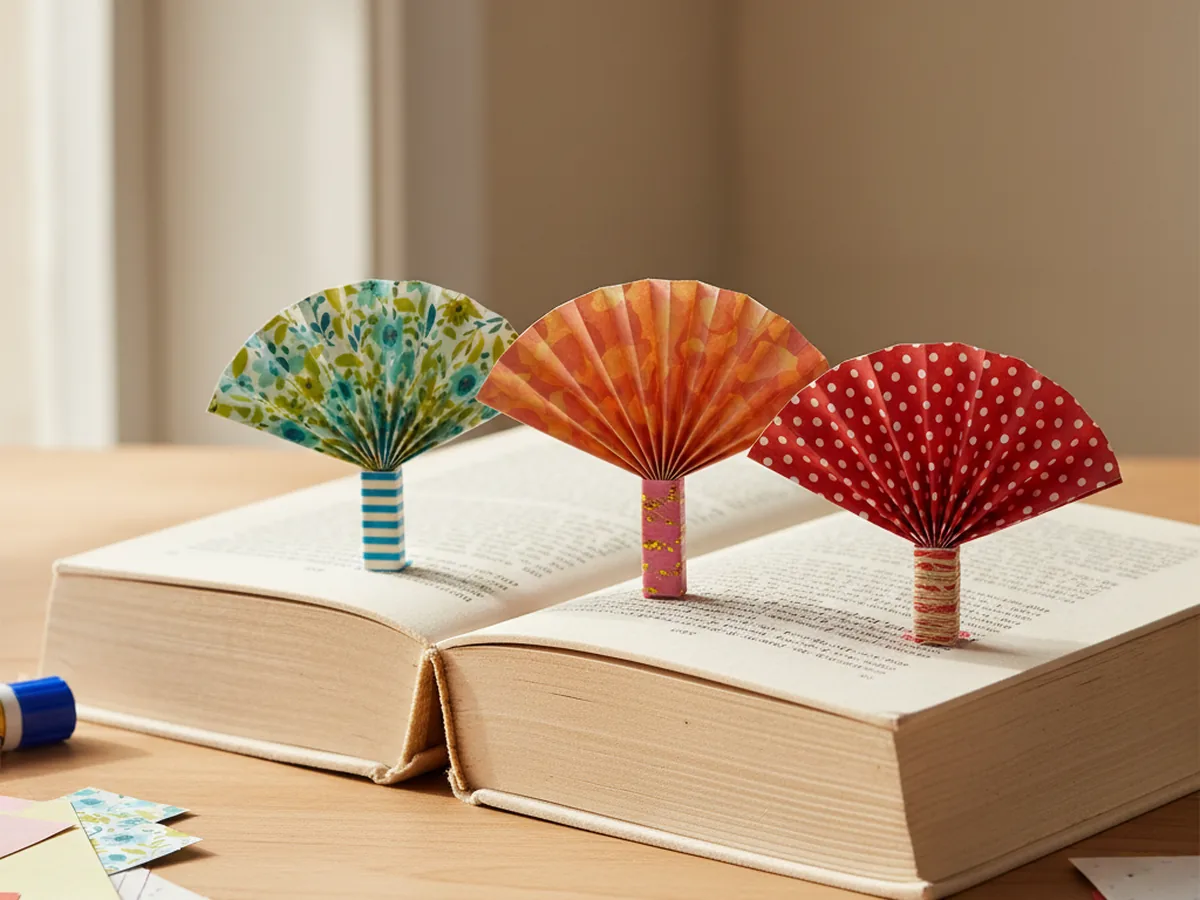 Several handmade paper accordion fan bookmarks in different colors with washi tape handles peeking out from the top of a book