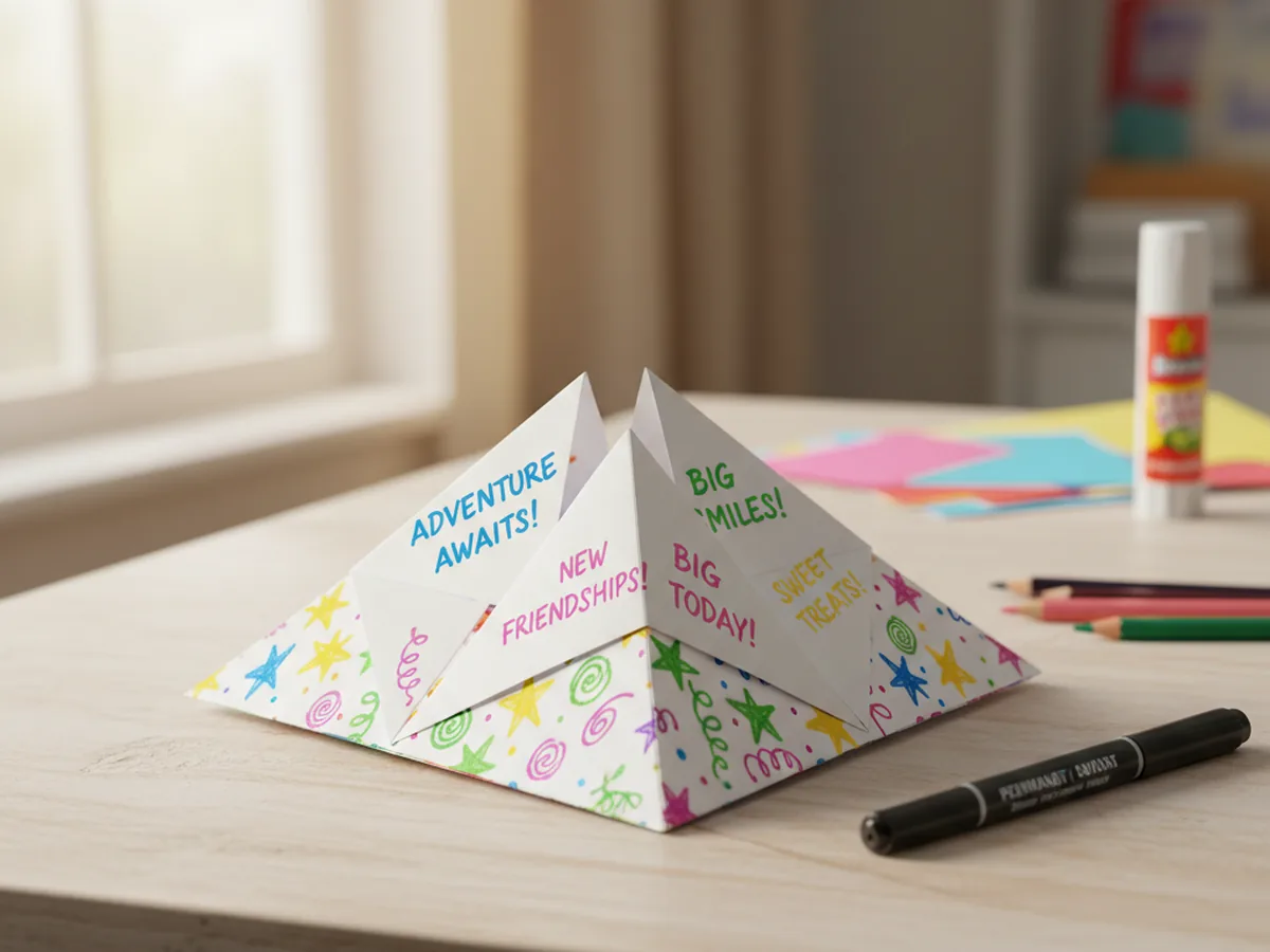 A handmade paper fortune teller cootie catcher made from colorful decorated square paper with written messages visible inside the open flaps