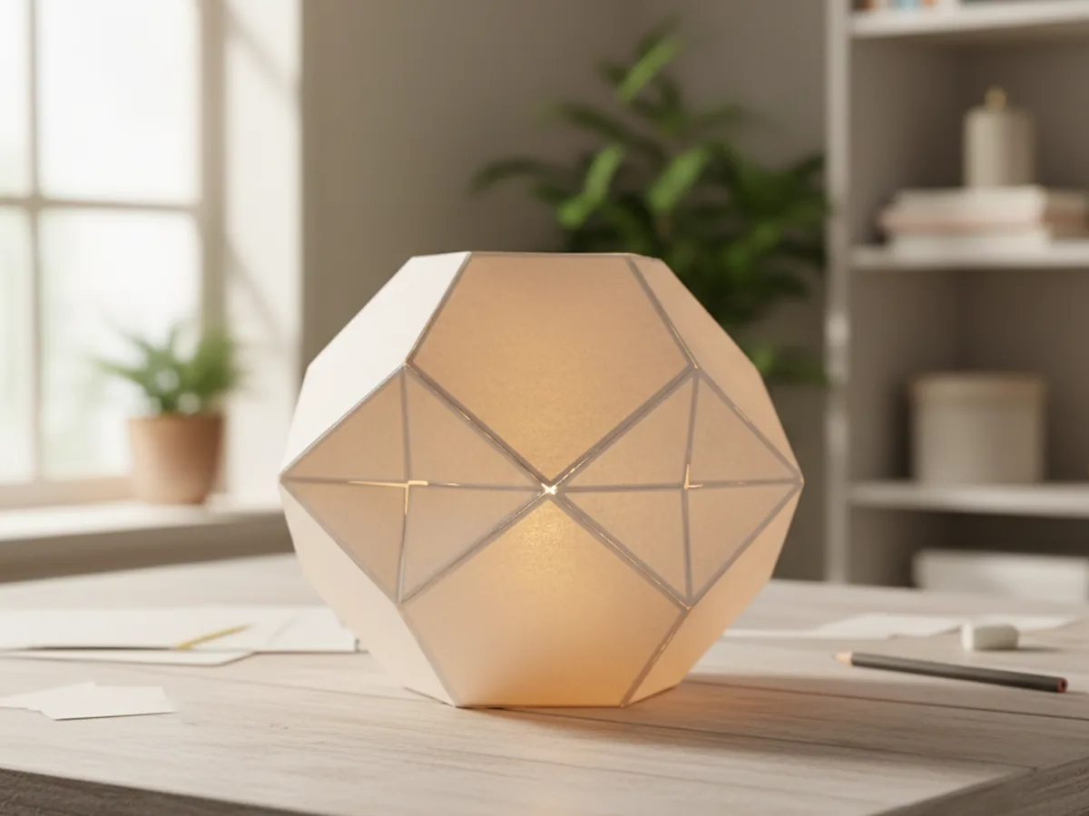 A handmade geometric cardstock lantern with triangular faceted faces glowing warmly from a battery tea light placed inside on a wooden surface