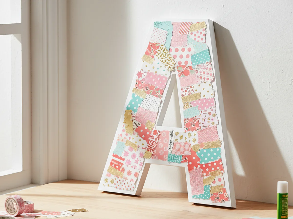 A handmade paper letter art project showing a large cardstock letter covered in colorful torn paper strips and washi tape pieces in a collage pattern