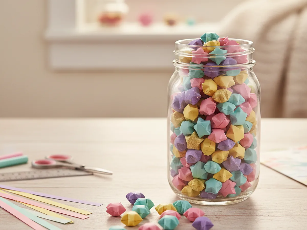 A glass jar filled with dozens of tiny colorful folded origami lucky stars made from narrow paper strips in pink, blue, yellow, and green