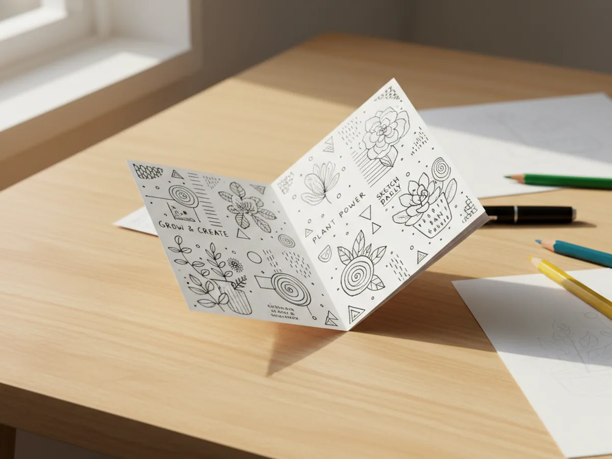 A small handmade mini zine booklet open on a desk showing hand-drawn illustrations and handwritten text on folded white paper pages