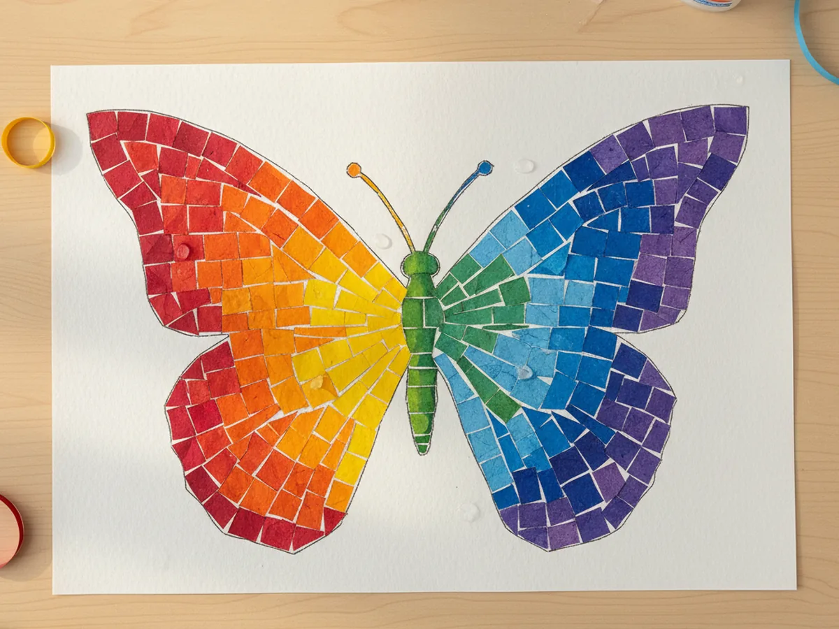 A colorful handmade paper mosaic portrait made from tiny squares of colored paper arranged to form a rainbow butterfly pattern on a white background