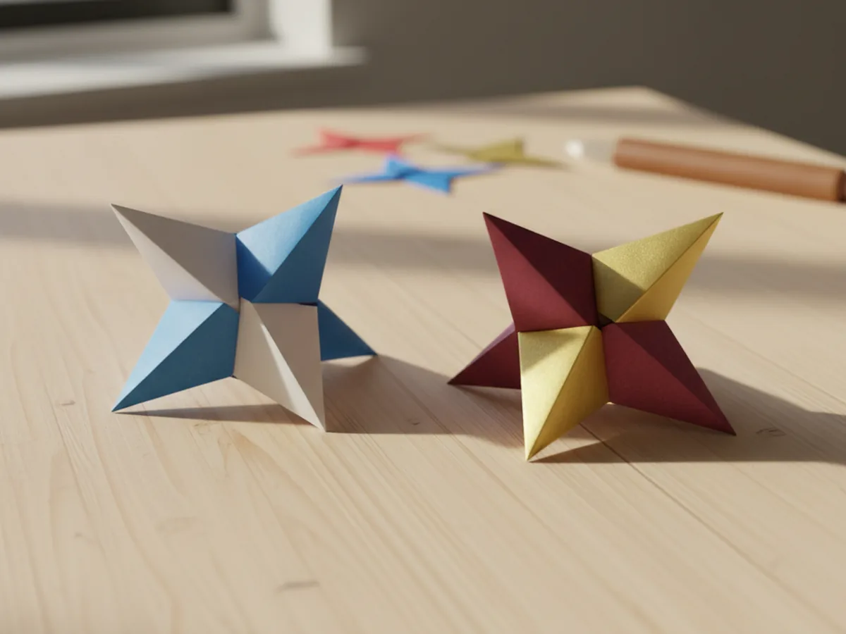 Handmade origami ninja stars made from two interlocking pieces of folded blue and white paper in a flat geometric shuriken shape on a wooden table