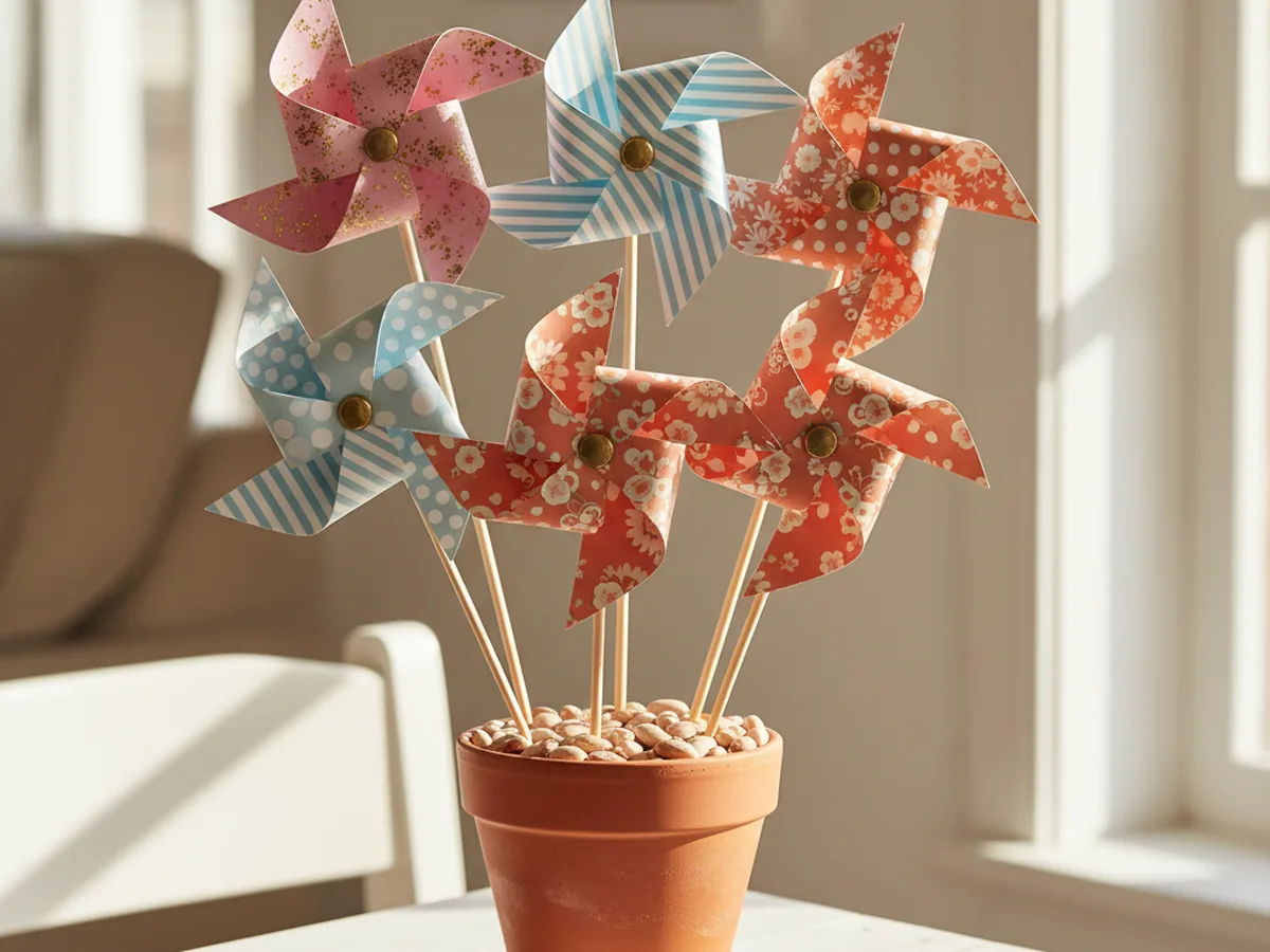 Several colorful handmade paper pinwheels in pink, blue, and yellow mounted on wooden sticks arranged in a small pot on a bright surface