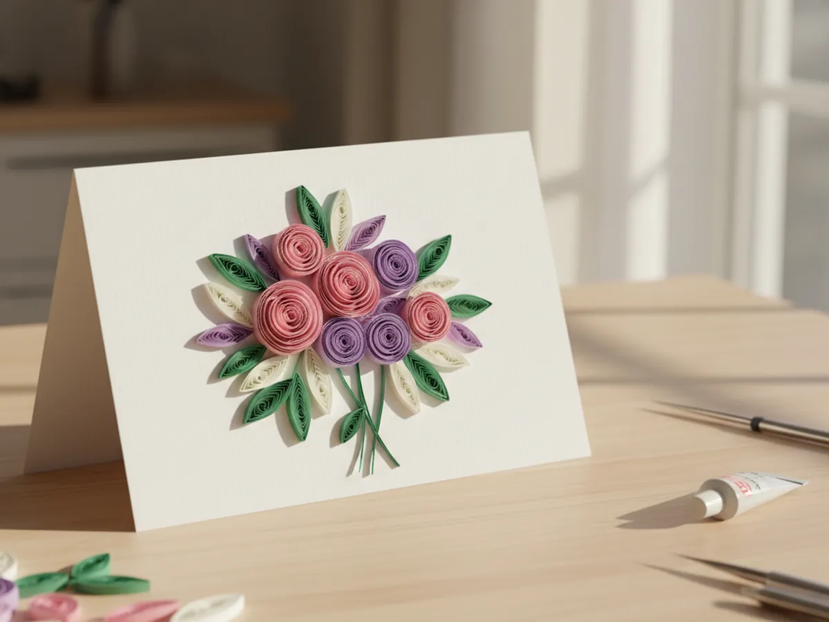 A handmade quilling art card featuring colorful rolled paper coils shaped into a flower bouquet design on a white folded cardstock background