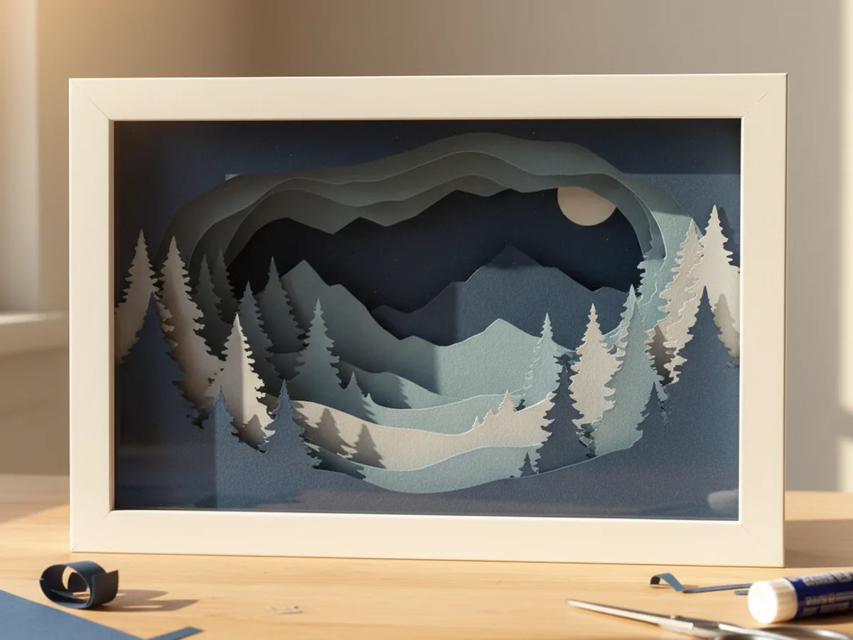 A handmade layered paper shadow box with graduated paper silhouette landscapes of trees and hills in progressively lighter blues creating a 3D depth effect
