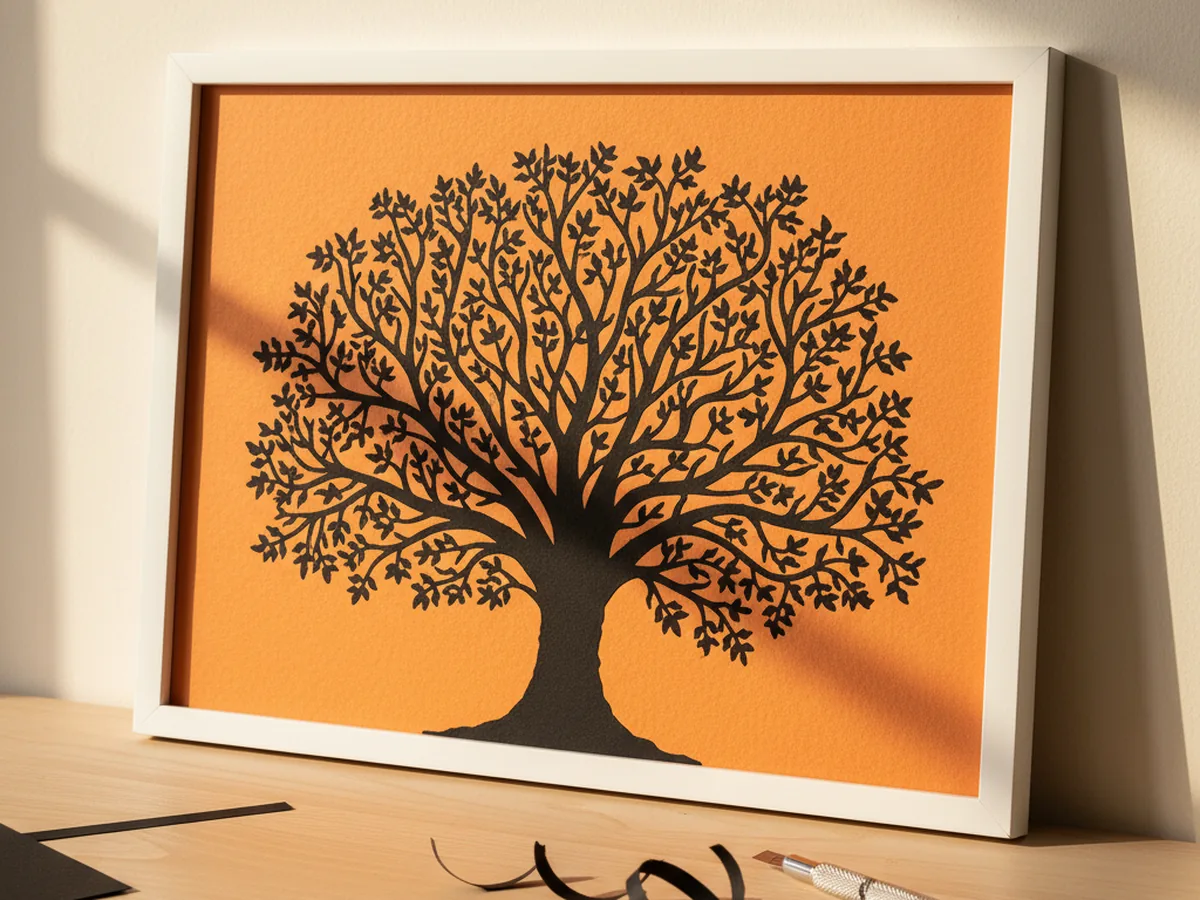 A handmade paper cut silhouette of a tree with detailed branches cut from black cardstock and mounted on a bright orange background