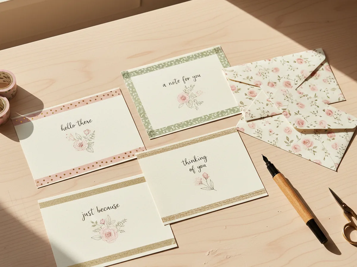 A handmade DIY stationery set with matching notecards and folded envelopes decorated with washi tape borders and hand-lettered designs