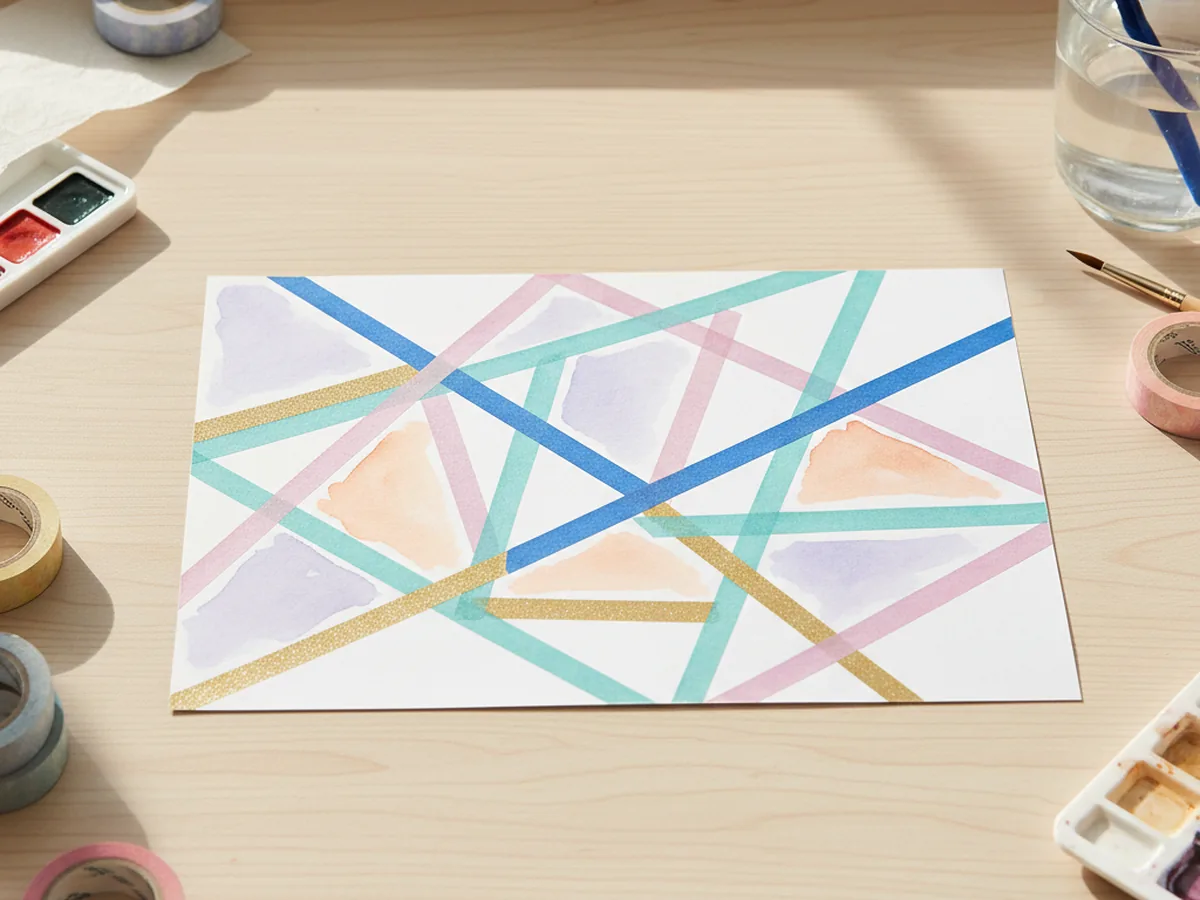 A piece of white cardstock decorated with geometric washi tape strips in multiple colors forming a bold graphic abstract pattern