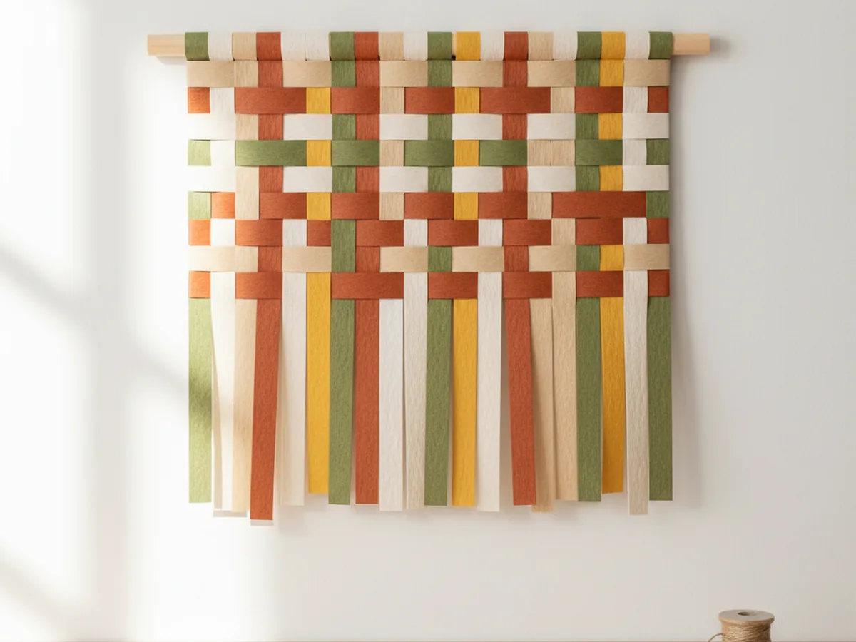 A handmade paper weaving wall hanging made from woven horizontal and vertical strips of colorful cardstock in earth tones mounted on a wooden dowel