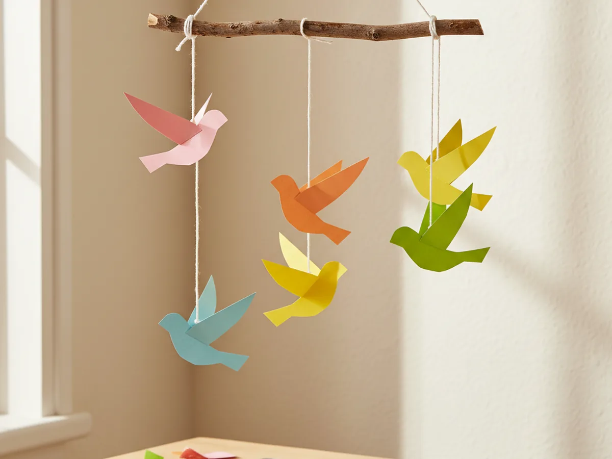 A handmade paper bird mobile with colorful paper birds hanging at different heights from a wooden branch on strings
