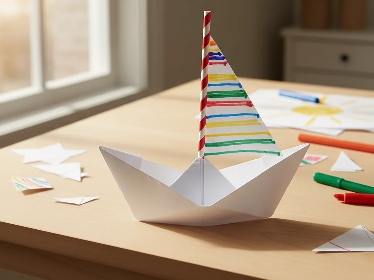A handmade origami-style paper boat with a triangle sail on a straw mast sitting on a wooden craft table