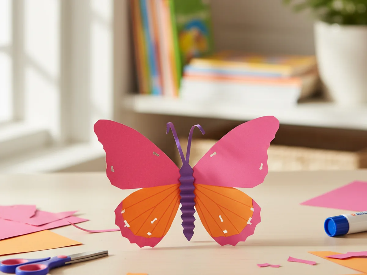 A handmade paper butterfly with symmetrical colorful wings and accordion-folded paper body on a craft table